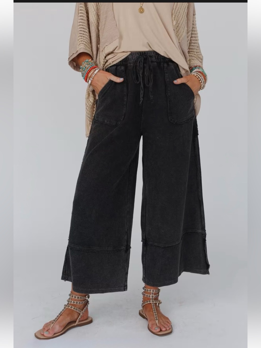 NWT: Easel Easy Going Mineral Washed Terry Knit Palazzo Wide Leg Pants• Medium